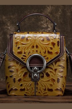 Unique Yellow Embossing Paitings Calf Leather Backpack Bag