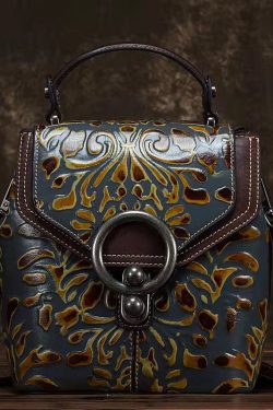 Unique Yellow Embossing Paitings Calf Leather Backpack Bag