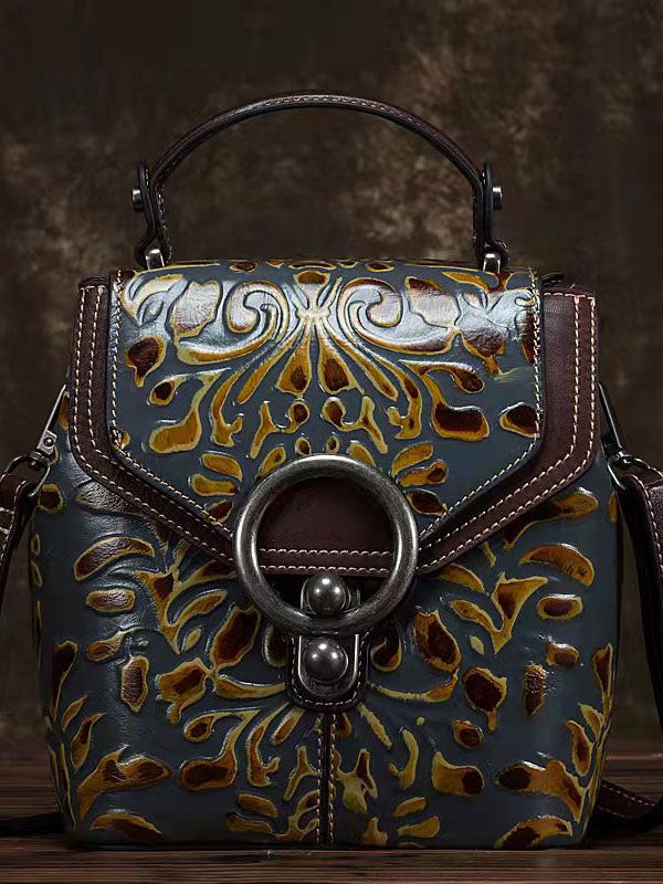 Unique Yellow Embossing Paitings Calf Leather Backpack Bag