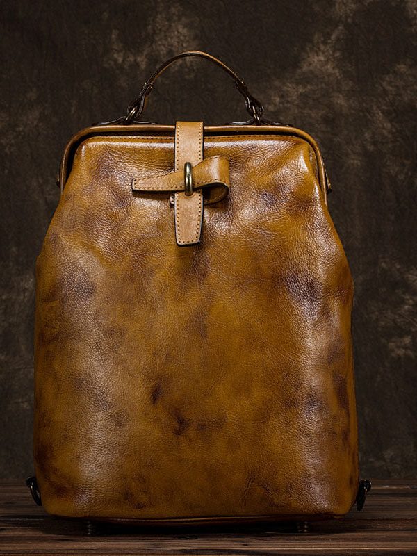Unique Yellow Large Capacity Calf Leather Backpack Bag