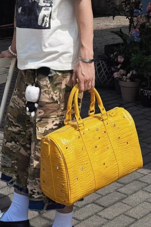 Unique Yellow Rhinestone Large Capacity Faux Leather Tote Handbag