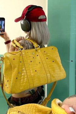 Unique Yellow Rhinestone Large Capacity Faux Leather Tote Handbag