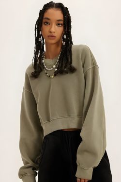 V-Neck Drop Shoulder Cropped Sweatshirt