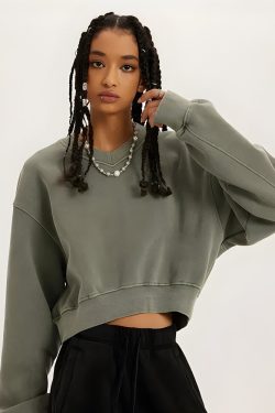 V-Neck Drop Shoulder Cropped Sweatshirt