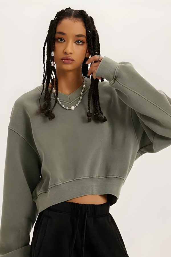 V-Neck Drop Shoulder Cropped Sweatshirt