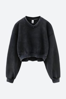 V-Neck Drop Shoulder Cropped Sweatshirt