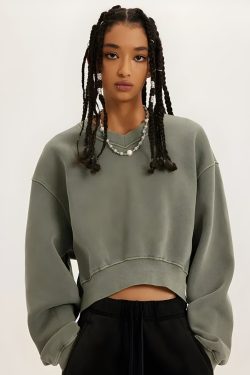 V-Neck Drop Shoulder Cropped Sweatshirt