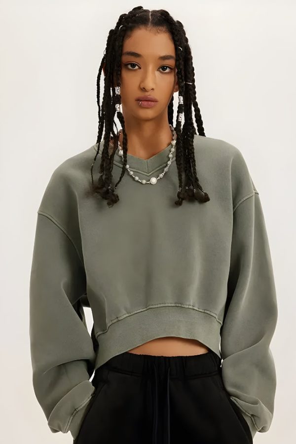 V-Neck Drop Shoulder Cropped Sweatshirt