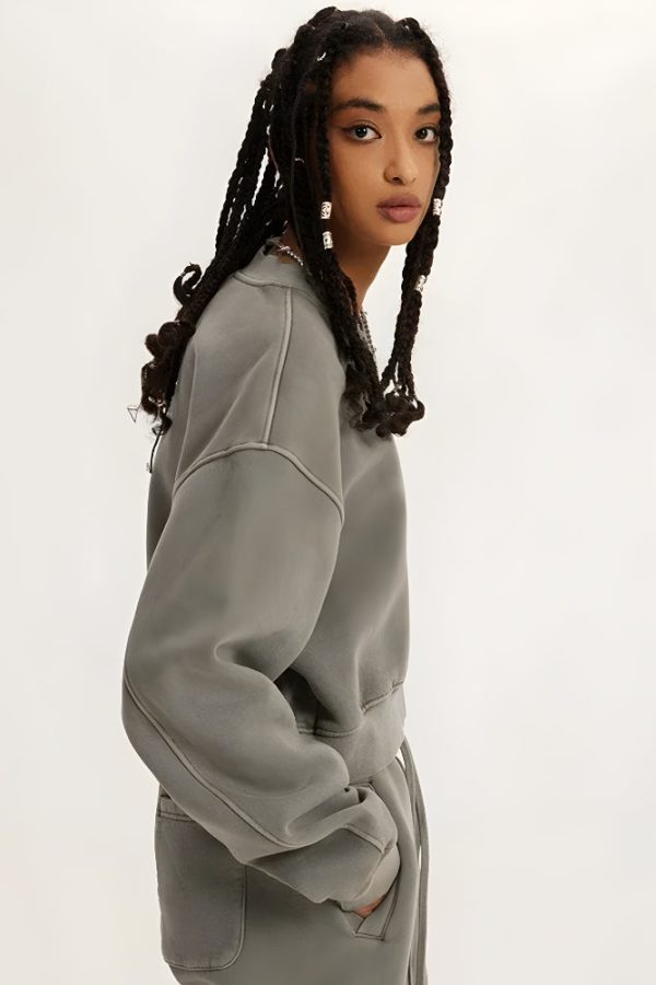 V-Neck Drop Shoulder Cropped Sweatshirt