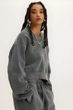 V-Neck Drop Shoulder Cropped Sweatshirt