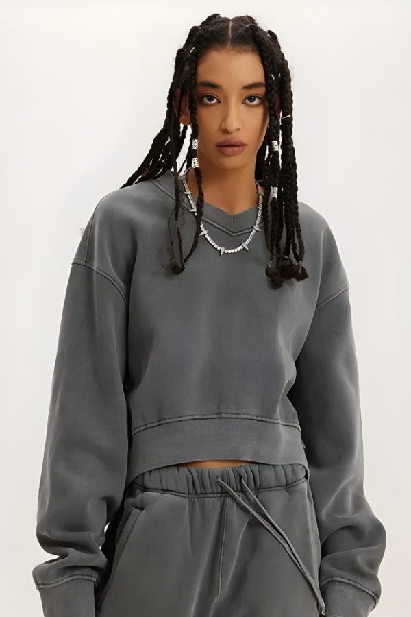 V-Neck Drop Shoulder Cropped Sweatshirt