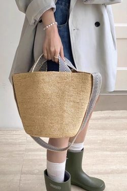 Vacation Style Khaki Large Vapacity Woven Versatile Shoulder Bag