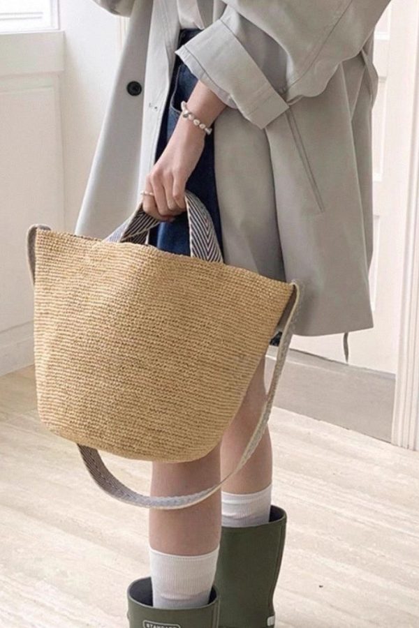 Vacation Style Khaki Large Vapacity Woven Versatile Shoulder Bag