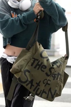 Vintage Army Green Letter Print Large Capacity Cotton Messenger Bag