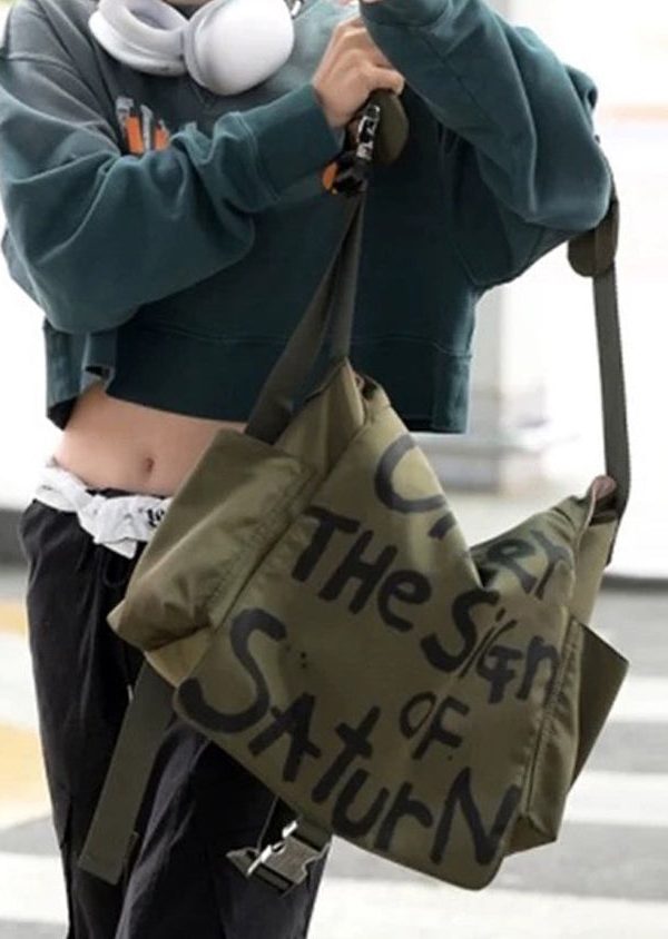 Vintage Army Green Letter Print Large Capacity Cotton Messenger Bag