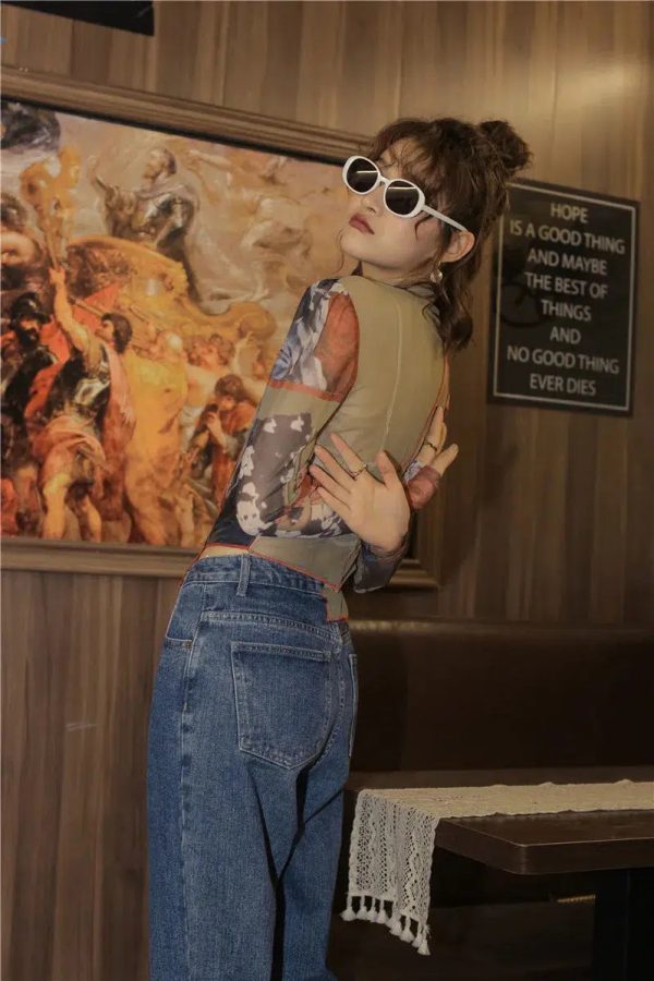 Vintage Asymmetric Patch Mesh Top