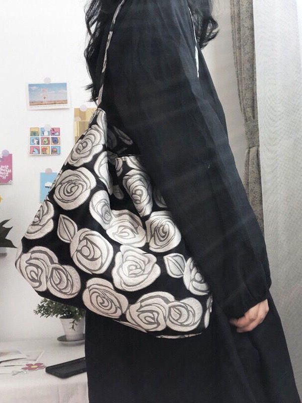Vintage Black Rose Jacquard Organza Satchel Handbag