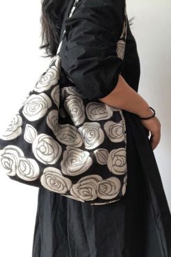 Vintage Black Rose Jacquard Organza Satchel Handbag