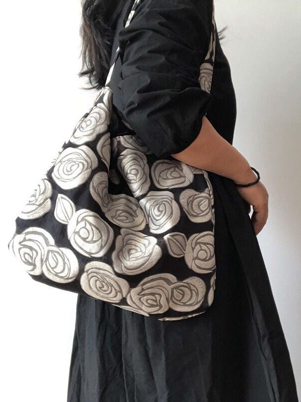 Vintage Black Rose Jacquard Organza Satchel Handbag