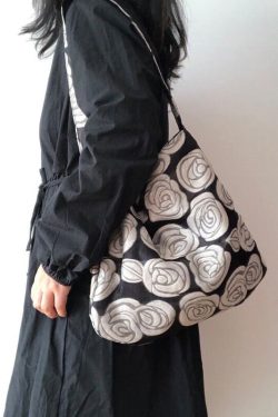 Vintage Black Rose Jacquard Organza Satchel Handbag