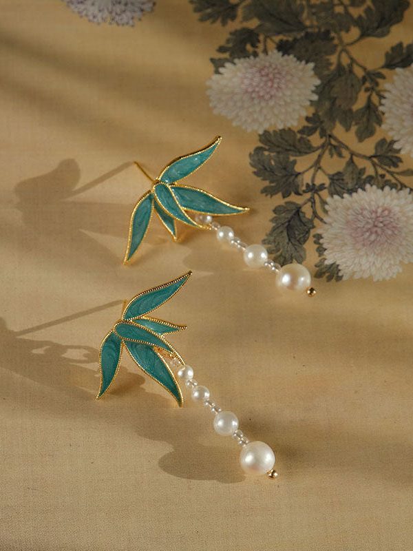 Vintage Blue Alloy Pearl Drip Glaze Bamboo Leaf Tassel Drop Earrings