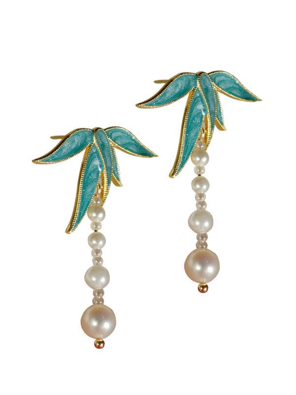 Vintage Blue Alloy Pearl Drip Glaze Bamboo Leaf Tassel Drop Earrings