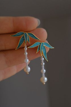 Vintage Blue Alloy Pearl Drip Glaze Bamboo Leaf Tassel Drop Earrings