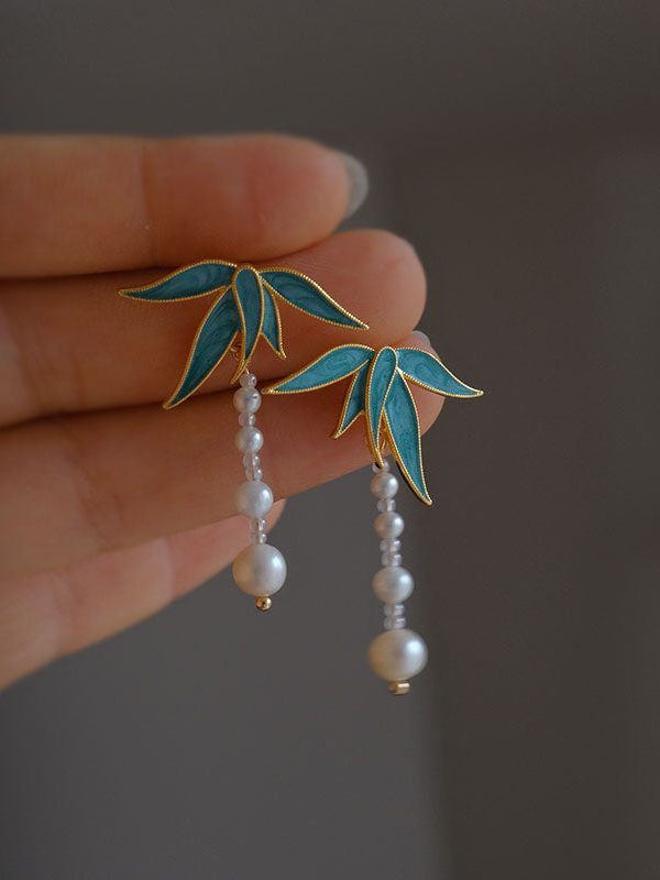 Vintage Blue Alloy Pearl Drip Glaze Bamboo Leaf Tassel Drop Earrings