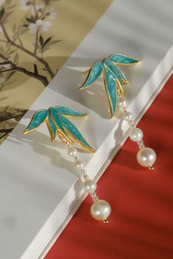 Vintage Blue Alloy Pearl Drip Glaze Bamboo Leaf Tassel Drop Earrings