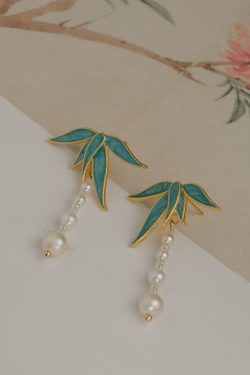 Vintage Blue Alloy Pearl Drip Glaze Bamboo Leaf Tassel Drop Earrings