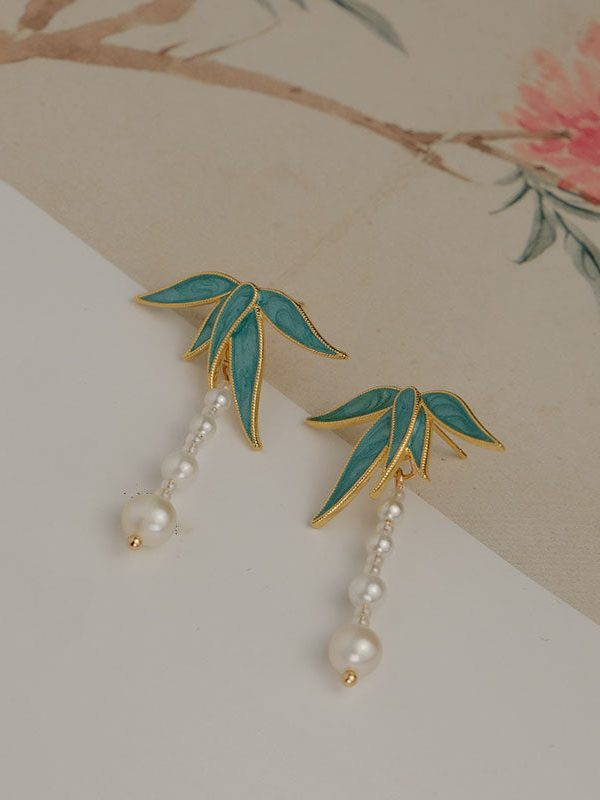 Vintage Blue Alloy Pearl Drip Glaze Bamboo Leaf Tassel Drop Earrings
