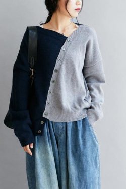 Vintage blue clothes v neck patchwork Loose fitting fall sweaters