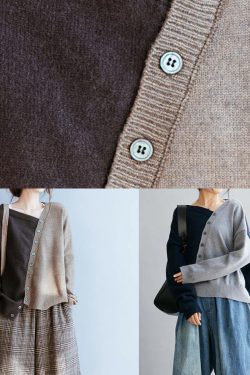 Vintage blue clothes v neck patchwork Loose fitting fall sweaters