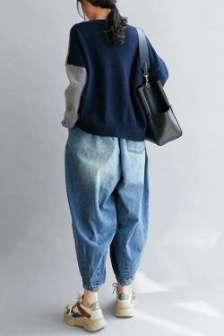 Vintage blue clothes v neck patchwork Loose fitting fall sweaters