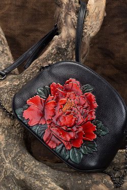 Vintage Blue Peony Embossing Calf Leather Satchel Bag Handbag