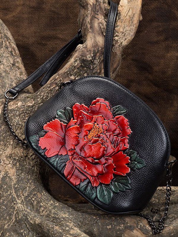 Vintage Blue Peony Embossing Calf Leather Satchel Bag Handbag