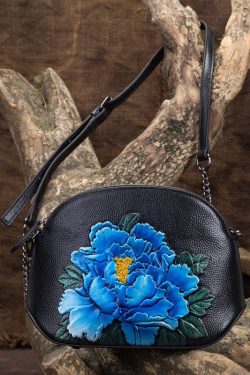 Vintage Blue Peony Embossing Calf Leather Satchel Bag Handbag