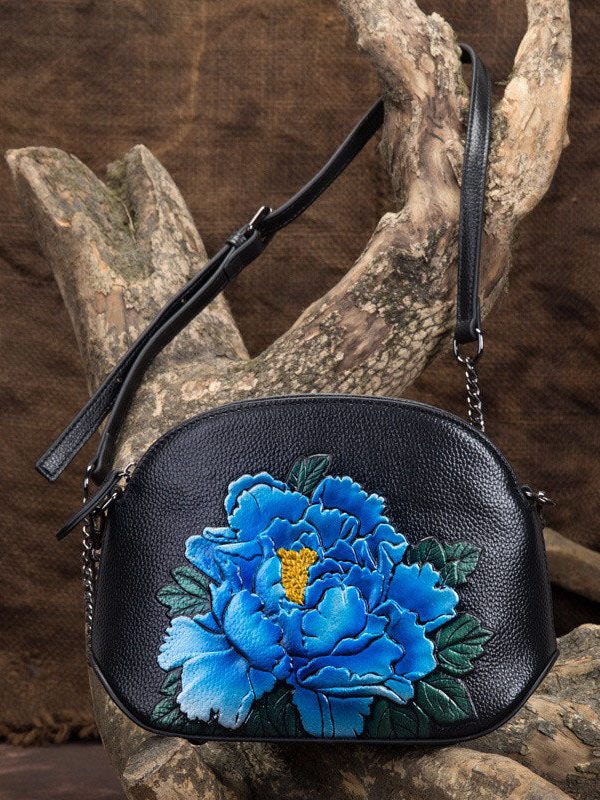 Vintage Blue Peony Embossing Calf Leather Satchel Bag Handbag
