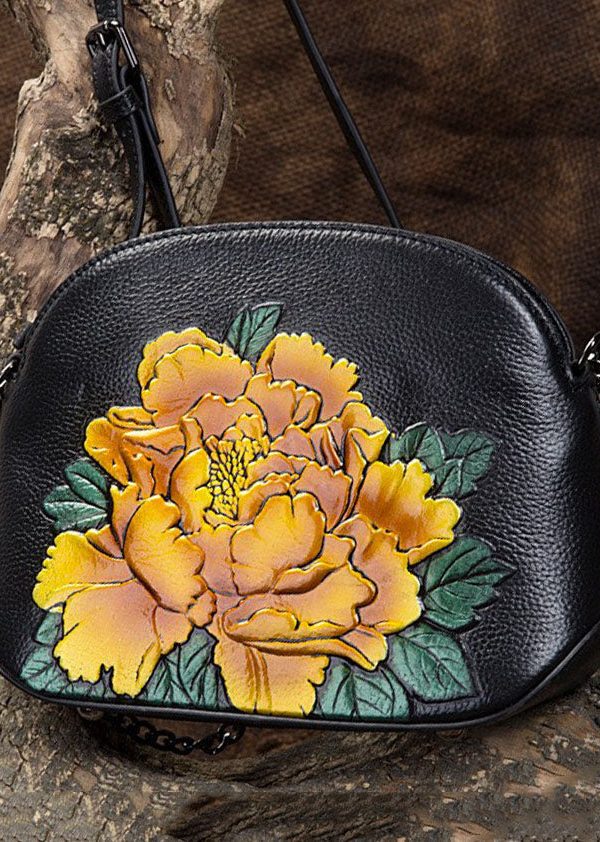 Vintage Blue Peony Embossing Calf Leather Satchel Bag Handbag