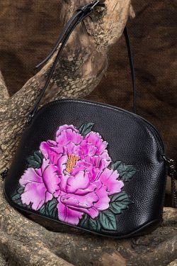 Vintage Blue Peony Embossing Calf Leather Satchel Bag Handbag