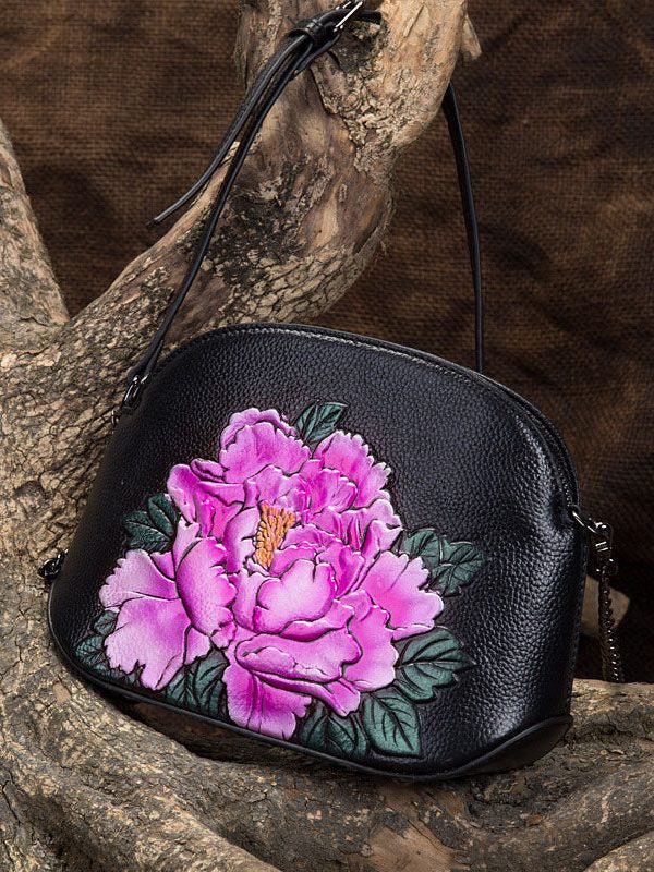 Vintage Blue Peony Embossing Calf Leather Satchel Bag Handbag