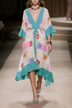 Vintage Blue Print Patchwork Ruffles Cotton Dresses Summer