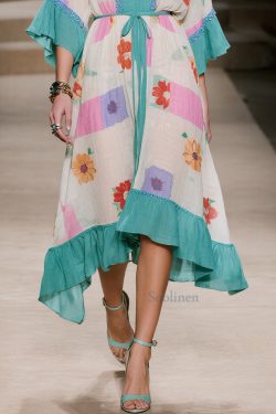 Vintage Blue Print Patchwork Ruffles Cotton Dresses Summer