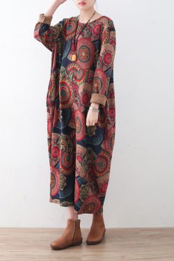 vintage blue red prints sweater dresses plus size clothing sweater casual o neck winter dress