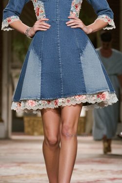Vintage Blue Square Collar Lace Patchwork Denim Mini Dress Summer