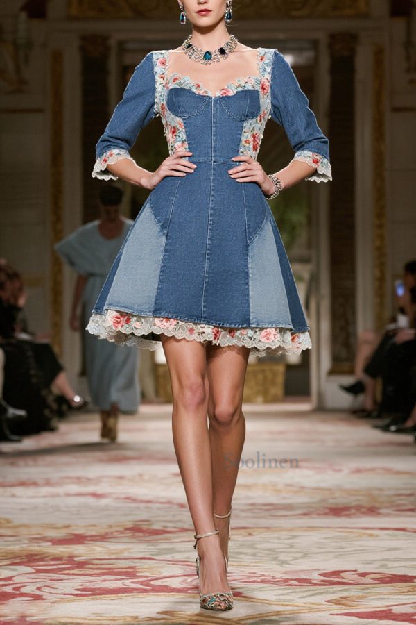 Vintage Blue Square Collar Lace Patchwork Denim Mini Dress Summer