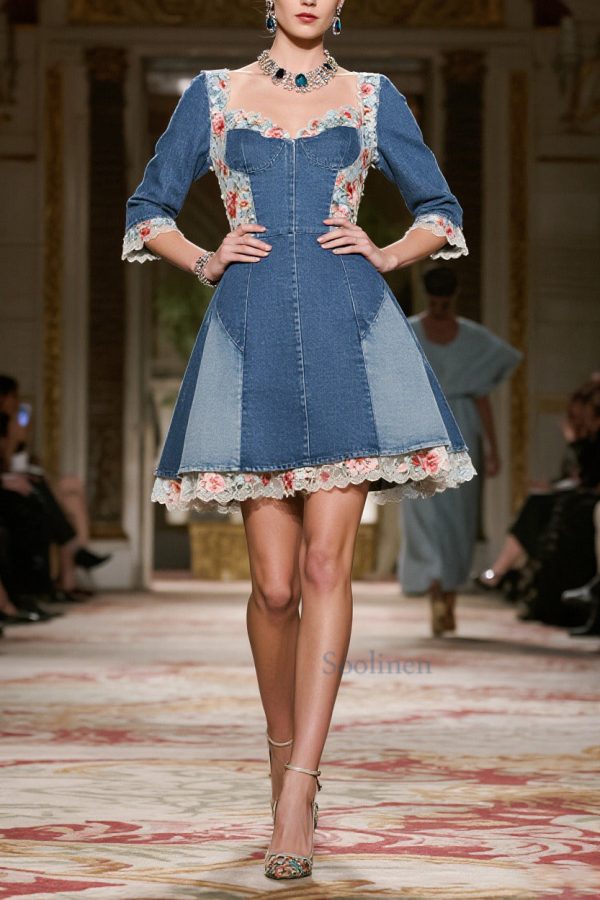 Vintage Blue Square Collar Lace Patchwork Denim Mini Dress Summer