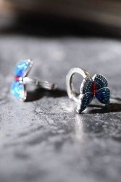 Vintage Blue Sterling Silver Butterfly Cloisonne Hoop Earrings