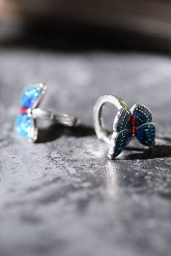 Vintage Blue Sterling Silver Butterfly Cloisonne Hoop Earrings
