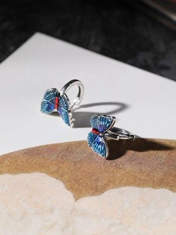 Vintage Blue Sterling Silver Butterfly Cloisonne Hoop Earrings